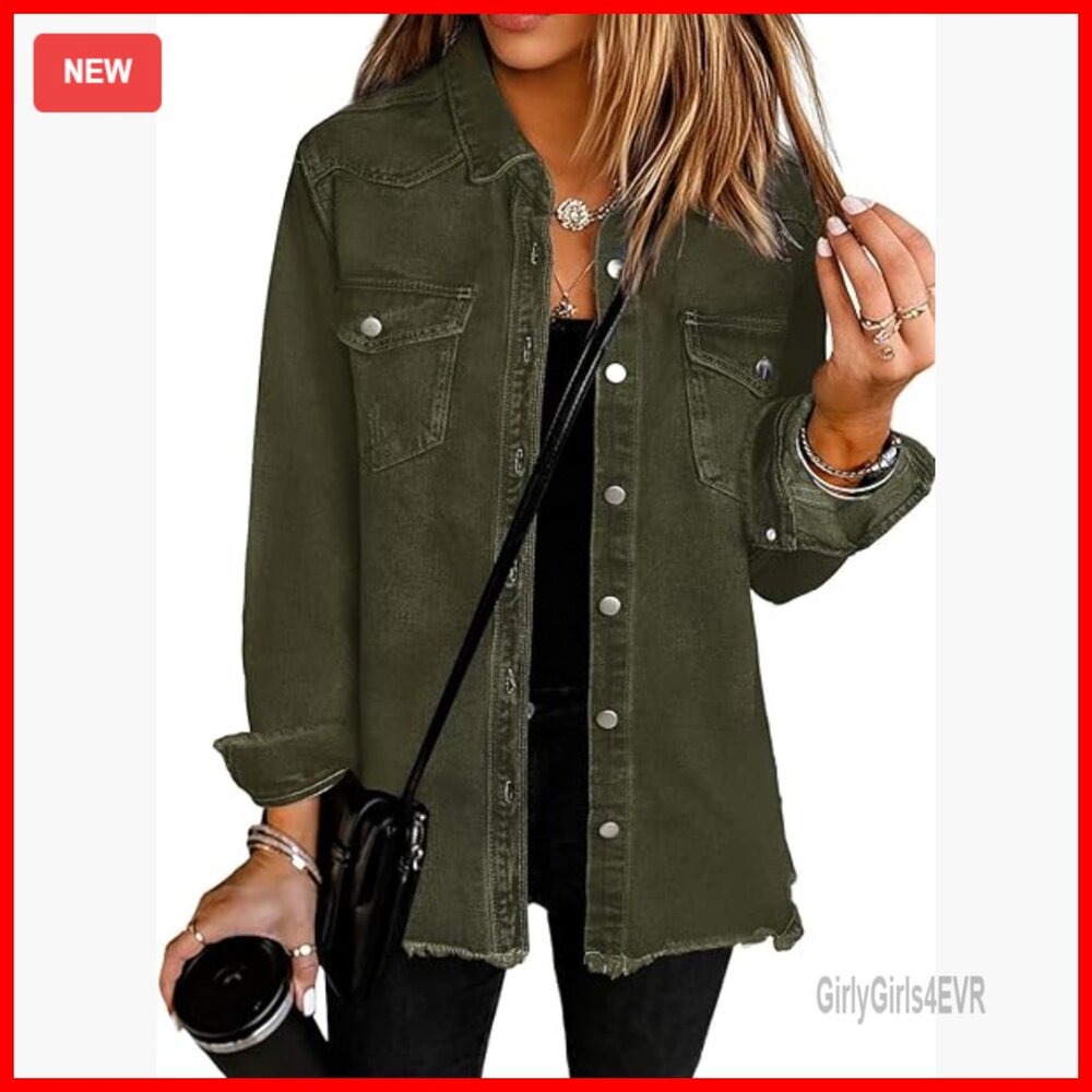 Oversized Denim Shacket With Frayed Hem, Button Down Casual Jacket